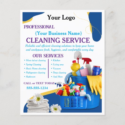 Moderne Blauwe Schoonmaakdienst voor Thuis Bewerkb Flyer (Voorkant)