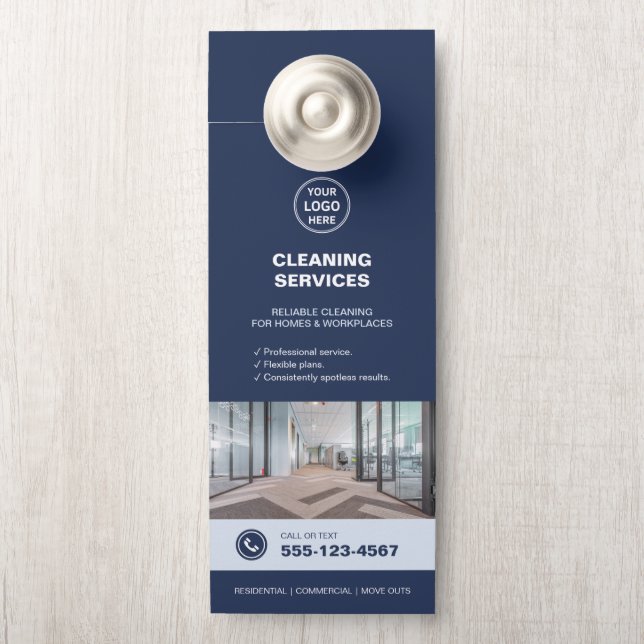 Moderne Blauwe Schoonmaakdiensten met QR Deurhanger (Op knop)