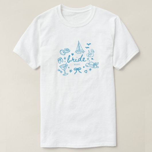Moderne blauwe script meer trouw bruid naam op maa t-shirt (Design voorkant)