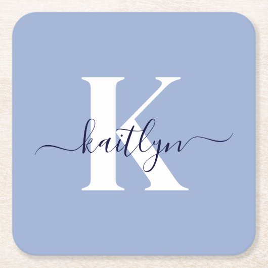 Moderne Blauwe Script Monogram Kartonnen Onderzetters (Voorkant)