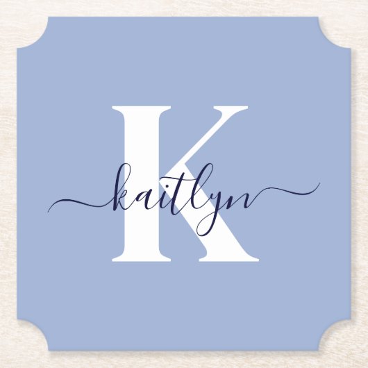 Moderne Blauwe Script Monogram Kartonnen Onderzetters (Voorkant)