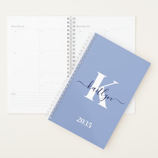 Moderne Blauwe Script Monogram Planner (Display)