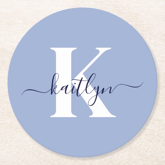 Moderne Blauwe Script Monogram Ronde Kartonnen Onderzetter (Voorkant)