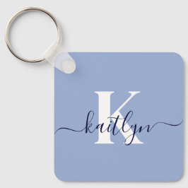 Moderne Blauwe Script Monogram Sleutelhanger