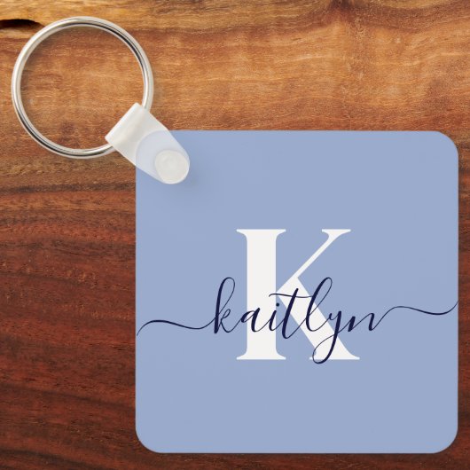 Moderne Blauwe Script Monogram Sleutelhanger (Voorkant)