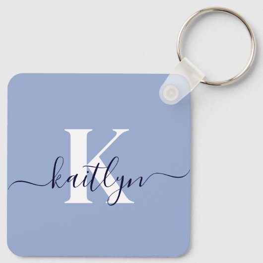 Moderne Blauwe Script Monogram Sleutelhanger (Achterkant)