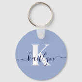 Moderne Blauwe Script Monogram Sleutelhanger (Voorkant)