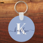 Moderne Blauwe Script Monogram Sleutelhanger (Achterkant)