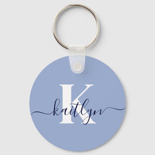 Moderne Blauwe Script Monogram Sleutelhanger (Achterkant)