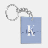 Moderne Blauwe Script Monogram Sleutelhanger (Voorkant Links)