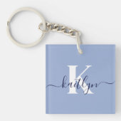 Moderne Blauwe Script Monogram Sleutelhanger (Voorkant)