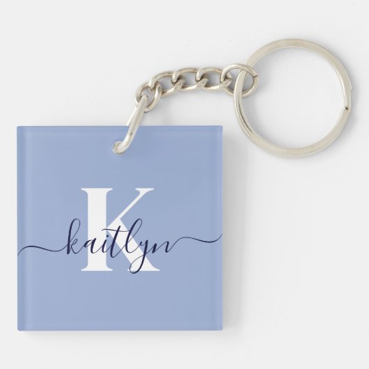 Moderne Blauwe Script Monogram Sleutelhanger (Achterkant)