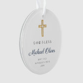 Moderne blauwe script religieuze jongensdoop foto ornament (voorkant)