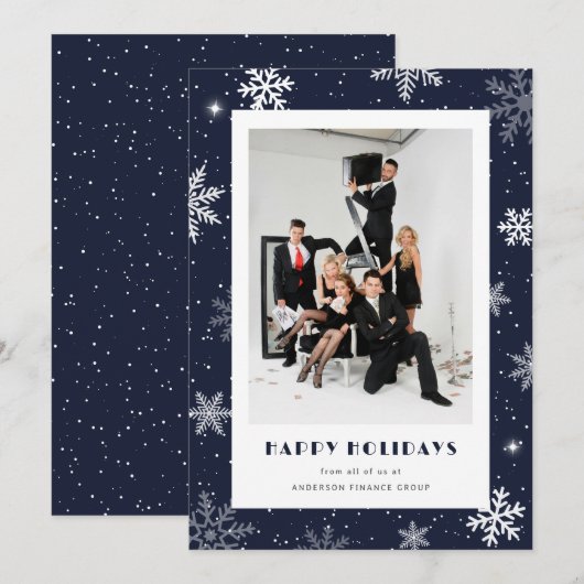 Moderne Blauwe Sneeuwvlok Foto Zakelijk Feestdagenkaart (Voorkant / Achterkant)