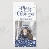 Moderne Blauwe Sneeuwvlok Kerst Fotocard Feestdagenkaart (Voorkant / Achterkant)