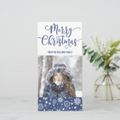 Moderne Blauwe Sneeuwvlok Kerst Fotocard Feestdagenkaart (Staand voorkant)