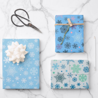 Moderne Blauwe Sneeuwvlok Patroon Set van 3 Inpakpapier Vel