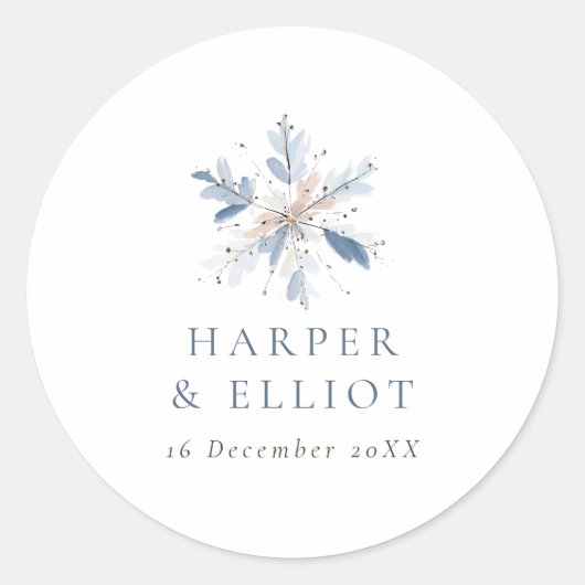 Moderne Blauwe Sneeuwvlok Winter Wedding Ronde Sticker (Voorkant)