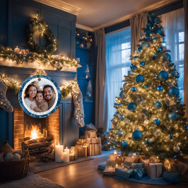 Moderne Blauwe Sneeuwvlokken Familie Kerst 2 Zijde Keramisch Ornament