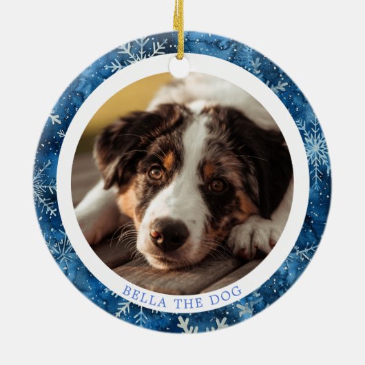 Moderne Blauwe Sneeuwvlokken Familie Kerstmis 2 Fo Keramisch Ornament (Achterkant)