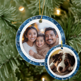 Moderne Blauwe Sneeuwvlokken Familie Kerstmis 2 Fo Keramisch Ornament