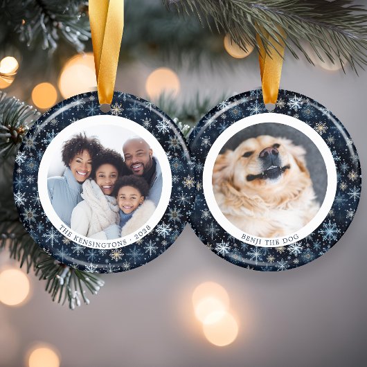 Moderne Blauwe Sneeuwvlokken Familie Kerstmis 2 Fo Keramisch Ornament