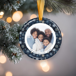 Moderne Blauwe Sneeuwvlokken Familie Kerstmis 2 zi Keramisch Ornament