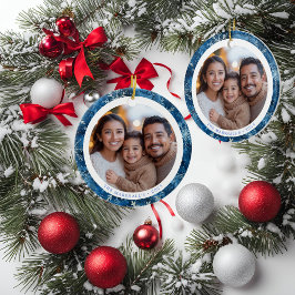 Moderne Blauwe Sneeuwvlokken Familie Kerstmis Foto Keramisch Ornament