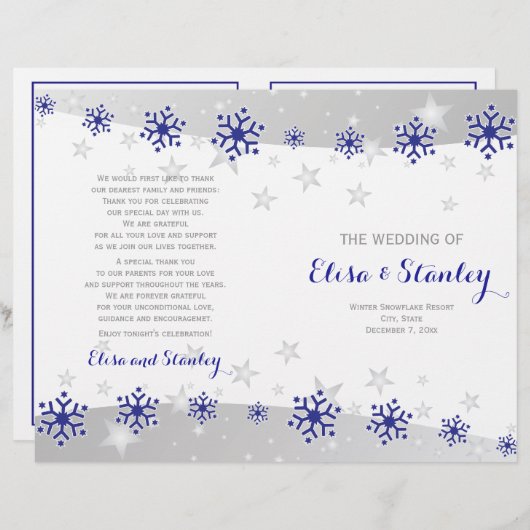 Moderne blauwe sneeuwvlokken gevouwen trouwprogram (Voorkant / Achterkant)