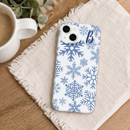 Moderne Blauwe Sneeuwvlokken Monogram Case-Mate iPhone Case