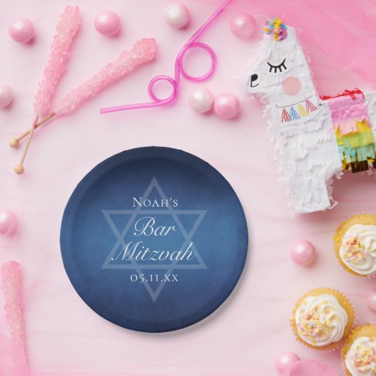 Moderne Blauwe Ster van David Formele Bar Mitzvah Papieren Bordje (Feest)