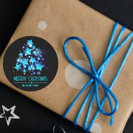 Moderne Blauwe Sterren Kerstboom Zwarte Feestdag Ronde Sticker