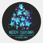 Moderne Blauwe Sterren Kerstboom Zwarte Feestdagen Ronde Sticker (Voorkant)