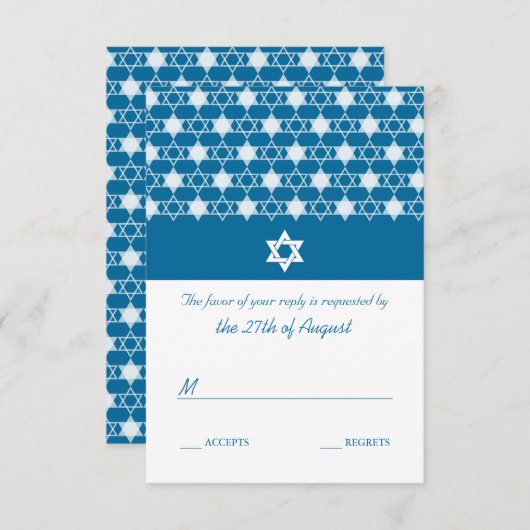 Moderne blauwe sterren van David Bar Mitzvah RSVP- RSVP Kaartje (Voorkant / Achterkant)