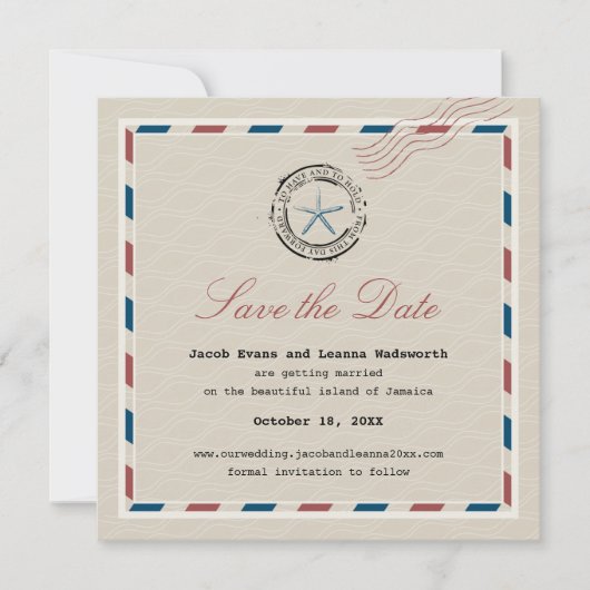 Moderne Blauwe Stervis Antieke Luchtpost Save the  Save The Date (Voorkant)