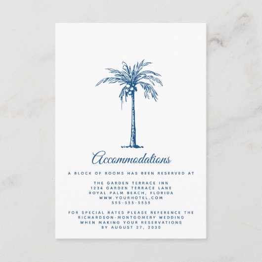 Moderne Blauwe Strand Bruiloft Accommodaties Informatiekaartje (Voorkant)