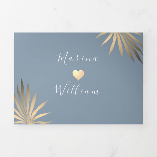 Moderne Blauwe Strand Bruiloft Drieluik Uitnodiging (Cover)