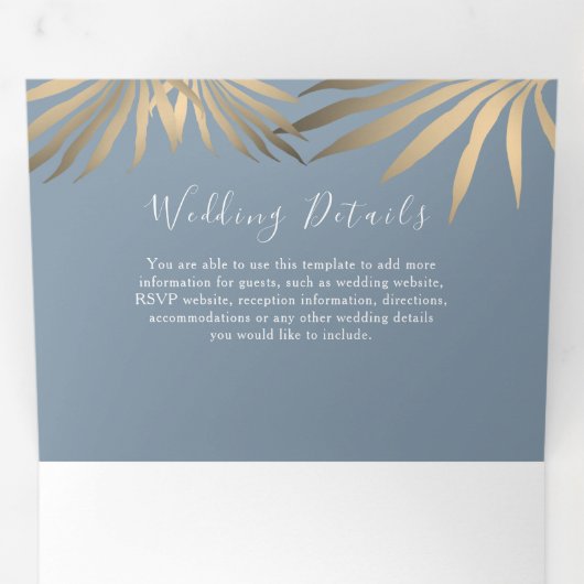 Moderne Blauwe Strand Bruiloft Drieluik Uitnodiging (Binnenzijde eerst)