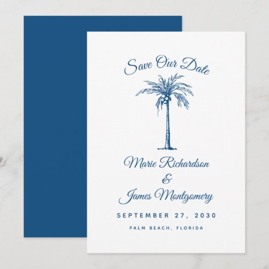 Moderne Blauwe Strand Bruiloft Save the Date (Voorkant / Achterkant)