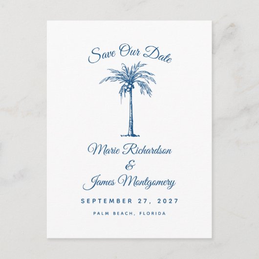 Moderne Blauwe Strand Bruiloft Save the Date Aankondigingskaart (Voorkant)
