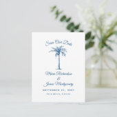 Moderne Blauwe Strand Bruiloft Save the Date Aankondigingskaart (Staand voorkant)