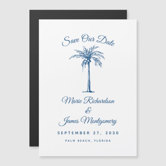 Moderne Blauwe Strand Bruiloft Save the Date Magnetische Uitnodiging (Voorkant / Achterkant)