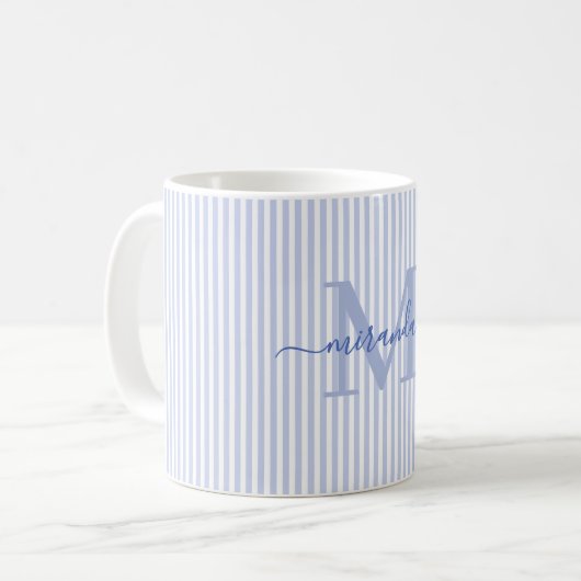 Moderne blauwe streep monogramnaam koffiemok (Voorkant links)