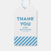 Moderne blauwe strepen dank u Baby shower Cadeaulabel (Voorkant)