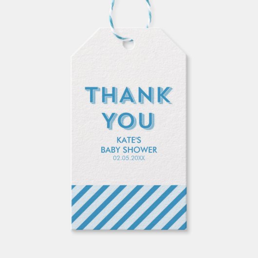 Moderne blauwe strepen dank u Baby shower Cadeaulabel (Voorkant)