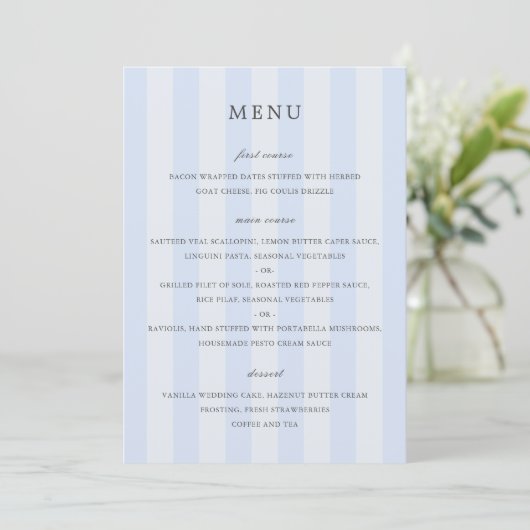 Moderne Blauwe Strepen Elegante Trouw Menu (Staand voorkant)