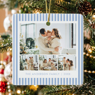 Moderne blauwe strepen familie foto collage keramisch ornament