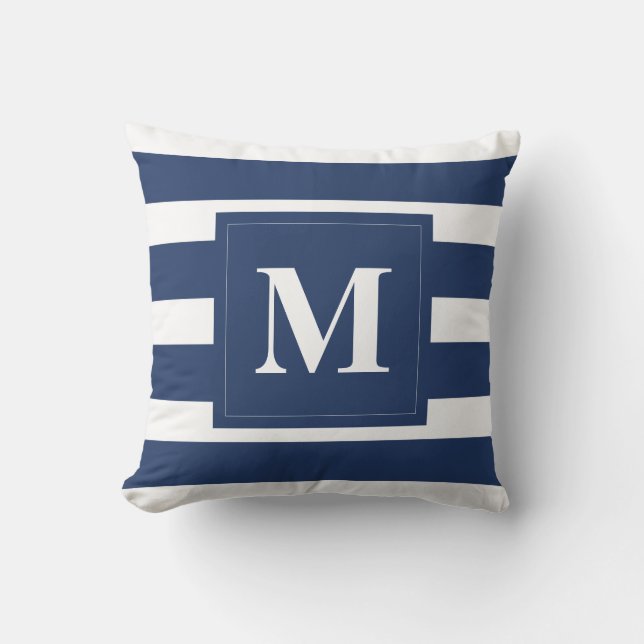 Moderne blauwe strepen met monogram Sierkussen (Voorkant)