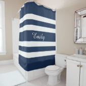 Moderne Blauwe Strepen Naam Douchegordijn (In situ)