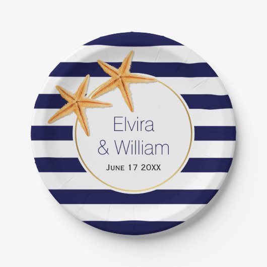 Moderne blauwe strepen voor de marine, stervisstra papieren bordje (Voorkant)